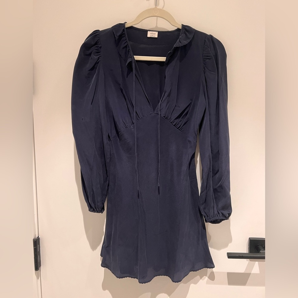 Aritzia Wilfred Silk Long Sleeve Mini Dress in Navy - Size 2